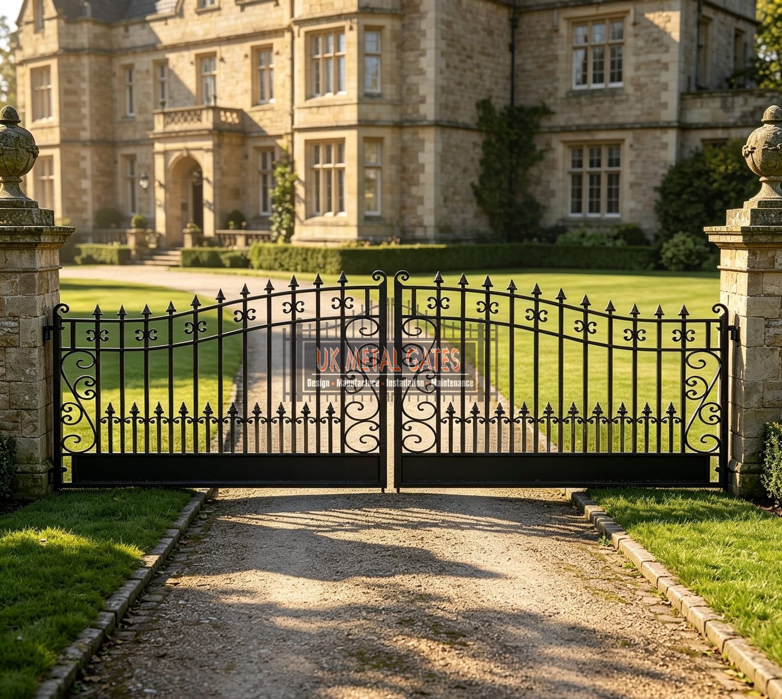 Traditional Arched Wrought Iron Driveway Gates with Spear Tops UKMDG68
