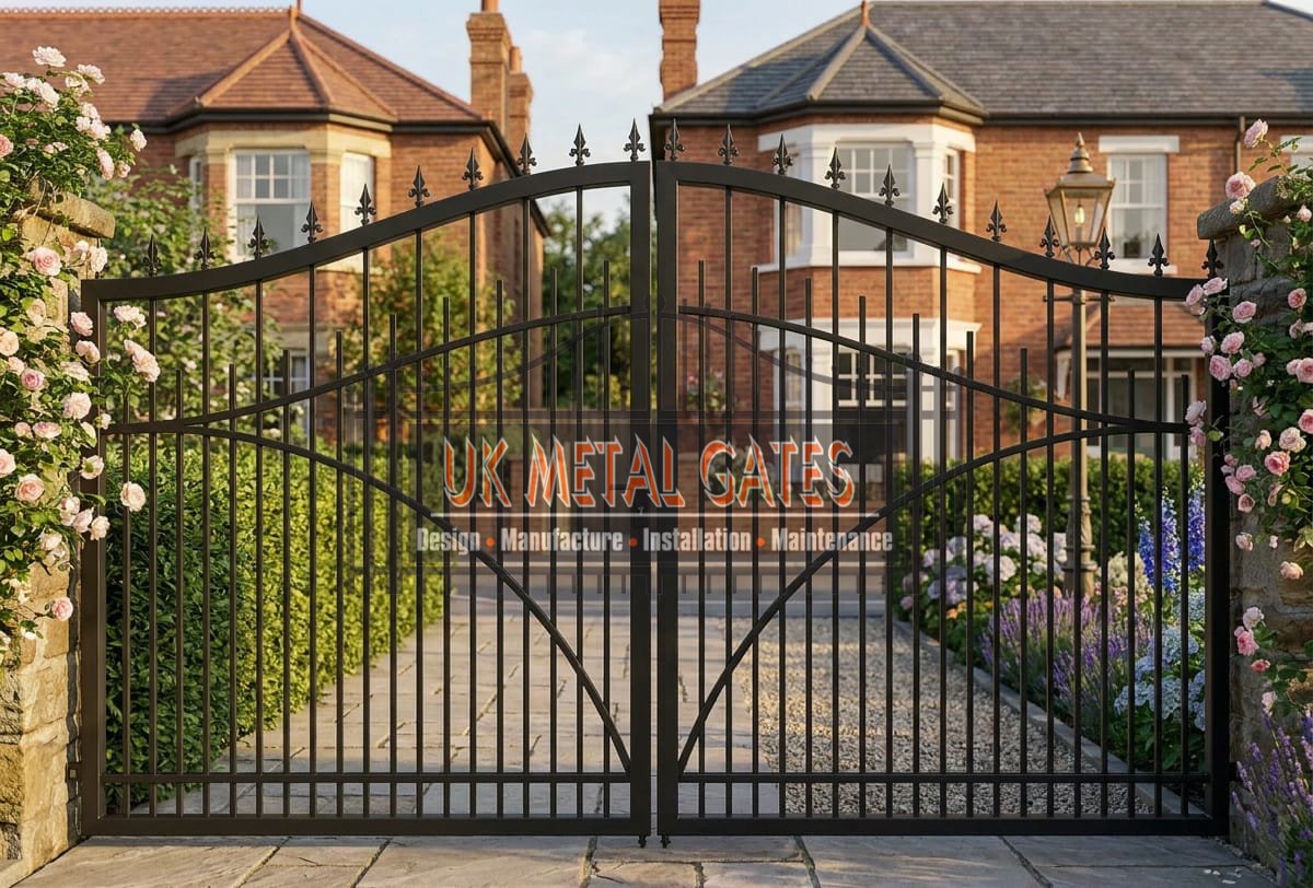 Traditional Arched Wrought Iron Driveway Gates with Scrollwork UKMDG202