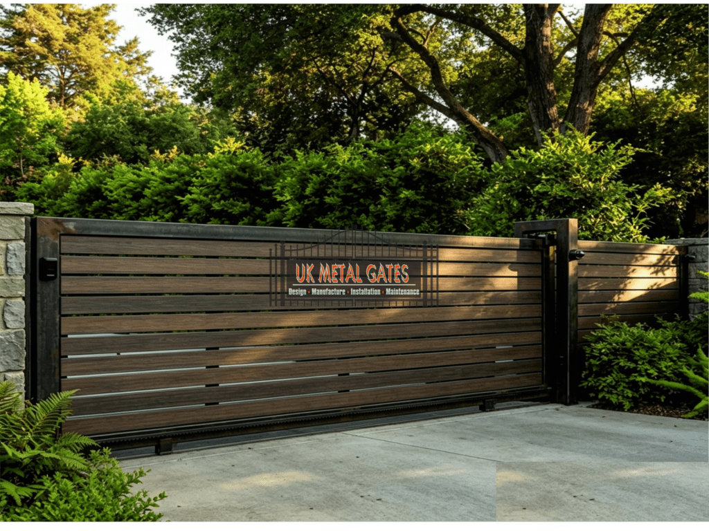 wood composite horizontal panel sliding gate stone wall green garden ukms14