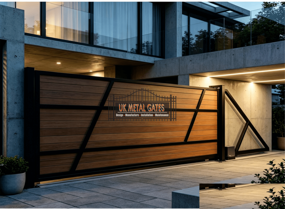 wood slat automatic electric sliding gate luxury modern home evening lighting ukms15