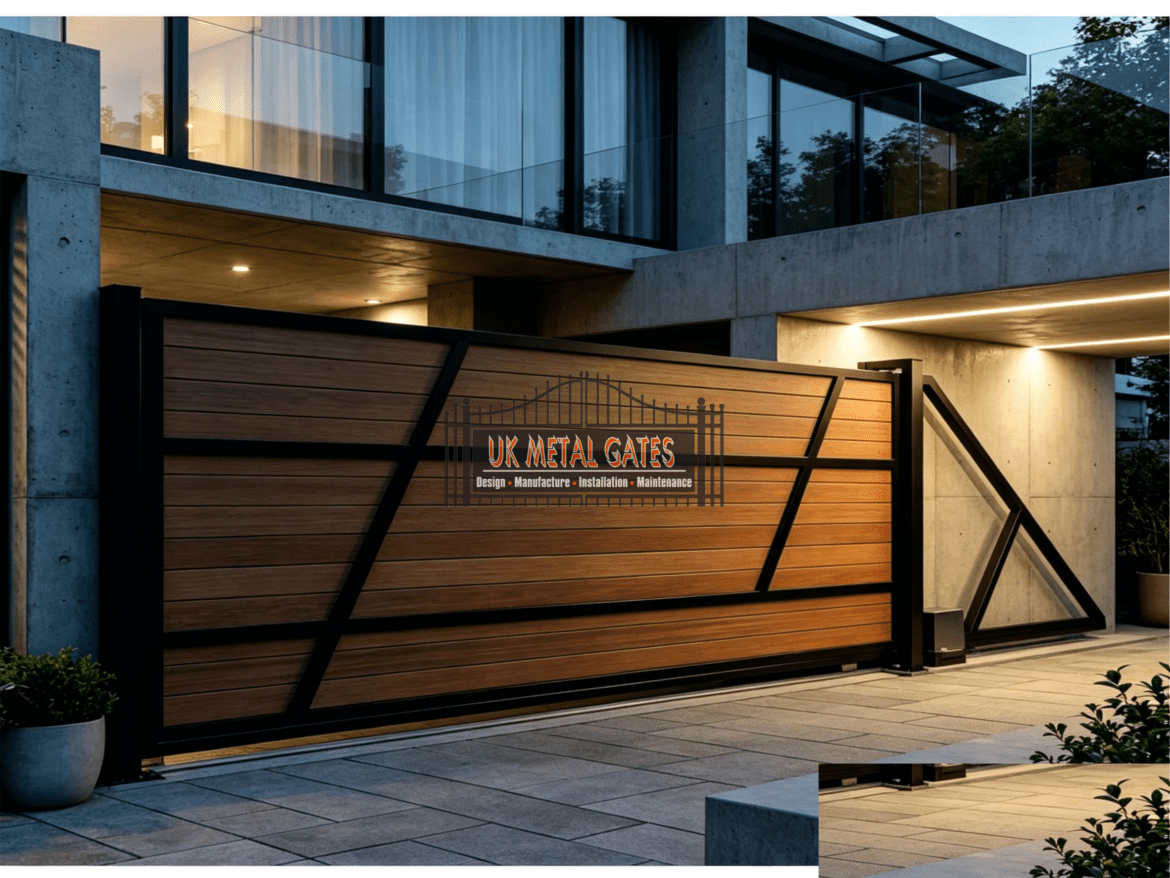 wood slat automatic electric sliding gate luxury modern home evening lighting ukms15