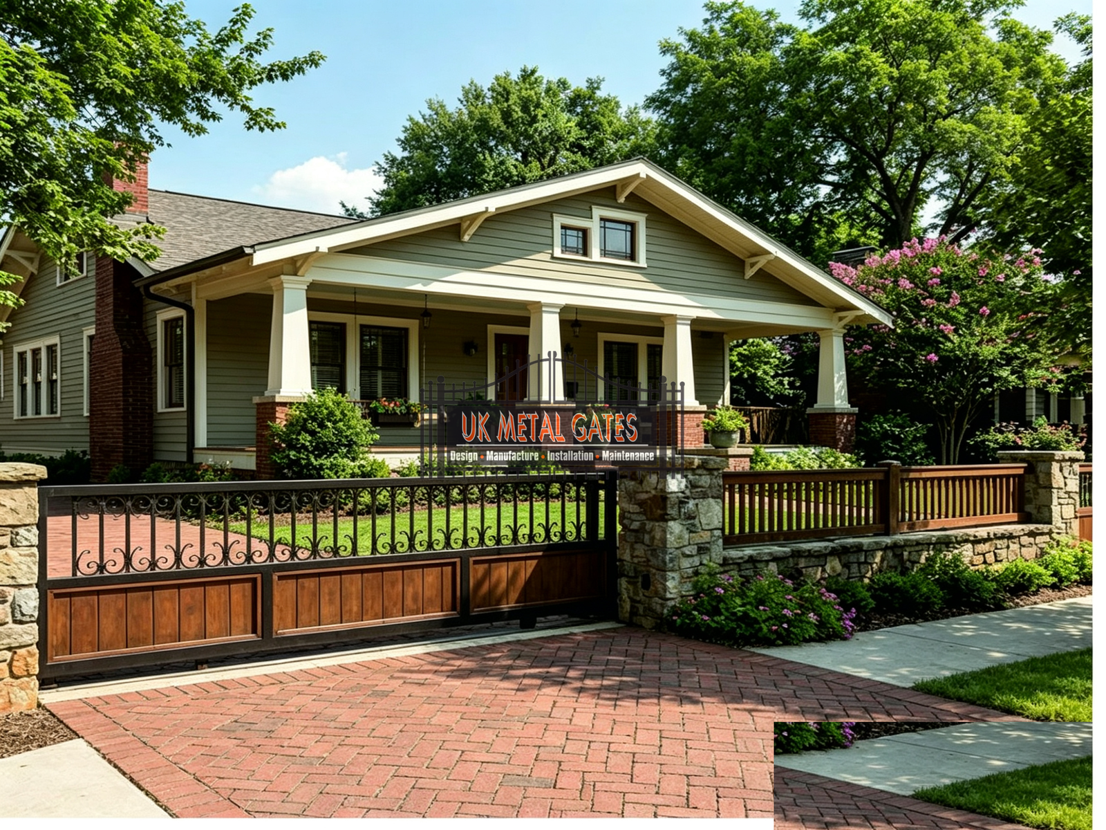Wrought Iron Scroll Sliding Gate with Timber Panel