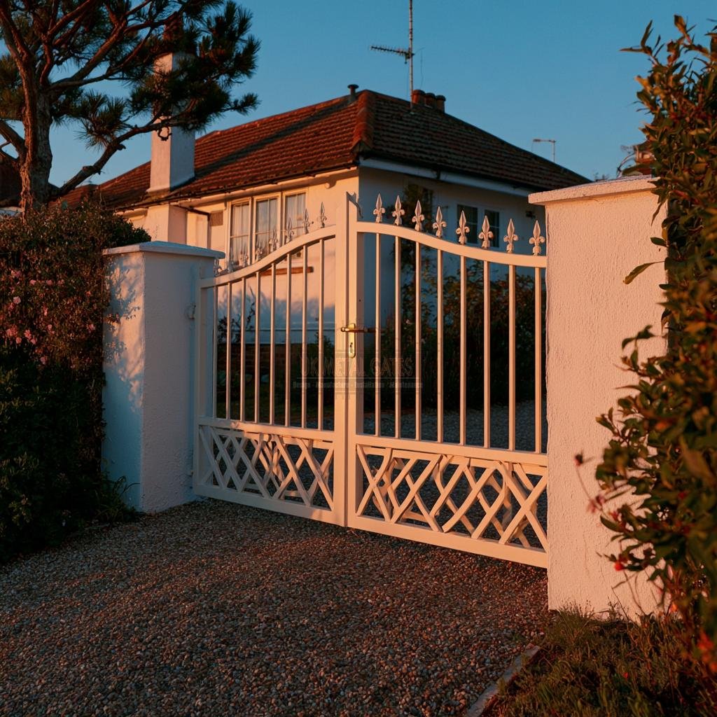 Traditional White Arched Cross-Lattice Aluminium Driveway Gates
