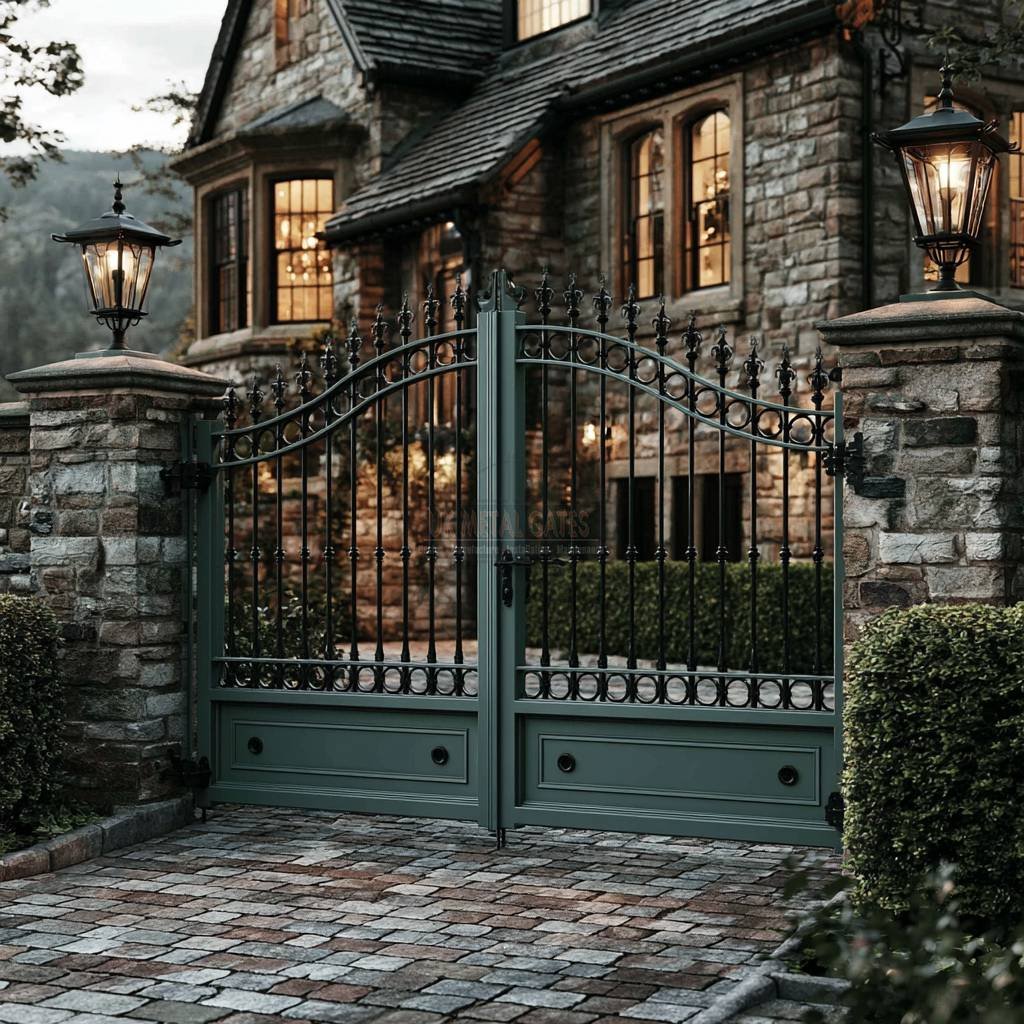 Sage Green Arched Boss-Panel Aluminium Driveway Gates