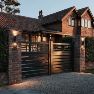 Contemporary Filigree-Top Horizontal Slat Aluminium Driveway Gates