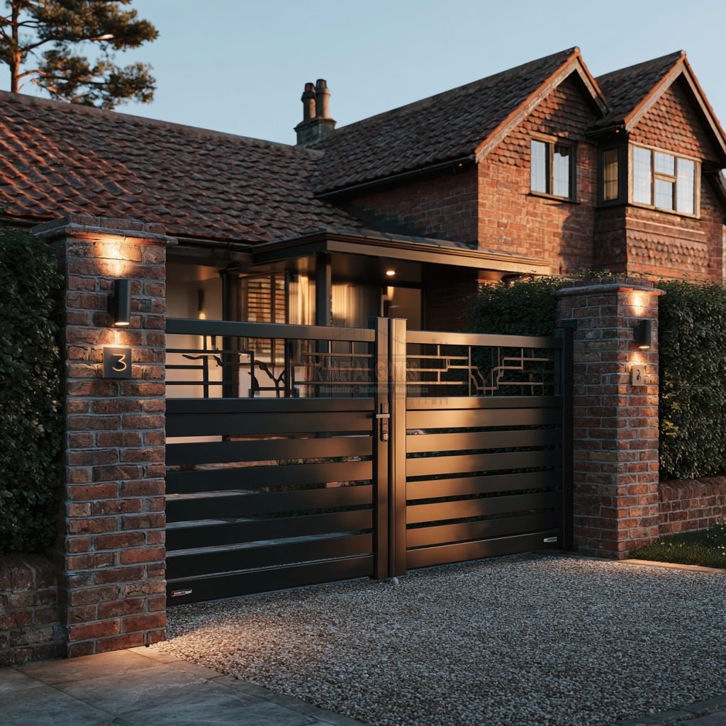 Contemporary Filigree-Top Horizontal Slat Aluminium Driveway Gates