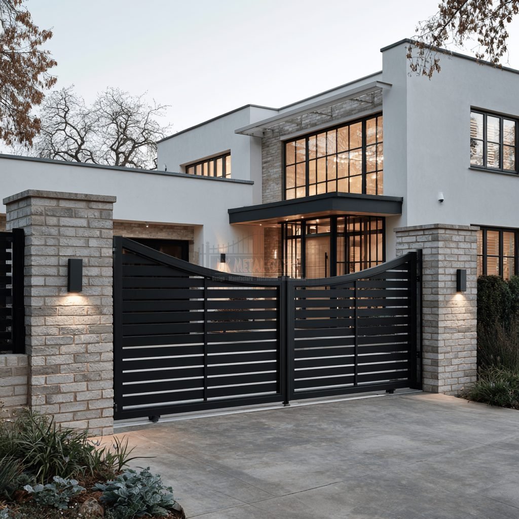 Contemporary Curved-Top Graduated Slat Aluminium Driveway Gates