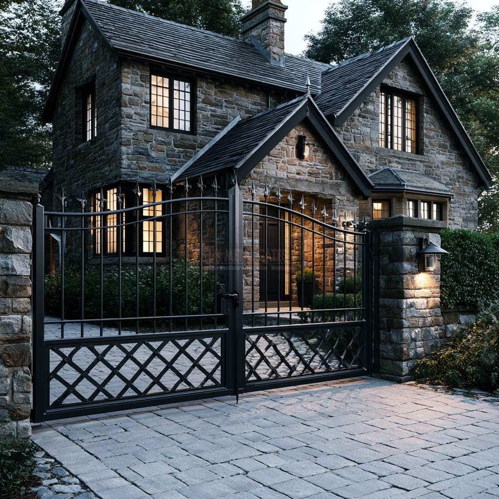 Traditional Spear-Finial Dipped-Top Lattice Aluminium Driveway Gates