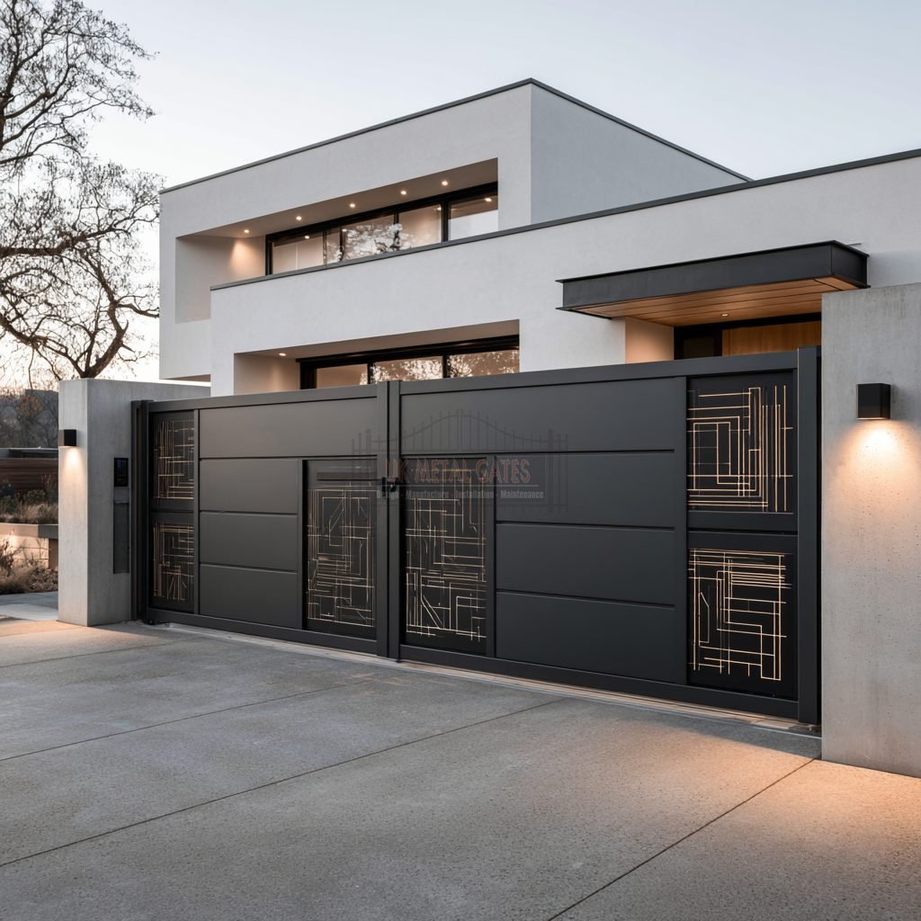 Contemporary Fine-Line Circuitry Panel Aluminium Driveway Gates