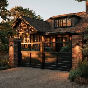 Contemporary Two-Tier Slat-and-Rail Aluminium Driveway Gates