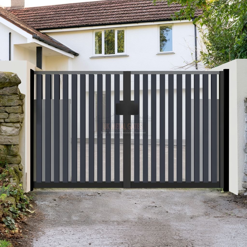 Aluminium Garden Gate – Vertical Bar (Pillar-Set), Village green-facing garden 4 ukagg 12 vertical bars brick pillar aluminium garden gates