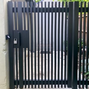 Aluminium Garden Gate – Slimline Vertical Bar, Detached bungalow front garden