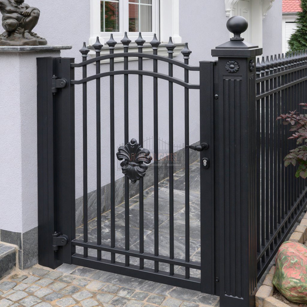 Aluminium Side Gate – Ornate Scroll, Contemporary new-build side passage