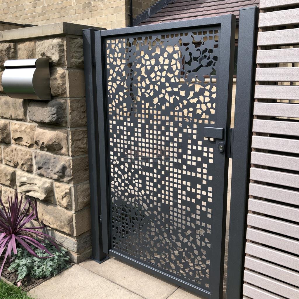 Aluminium Side Gate – Laser-Cut Panel, Bungalow side entrance 4 ukasg 5 laser cut pattern aluminium side gates