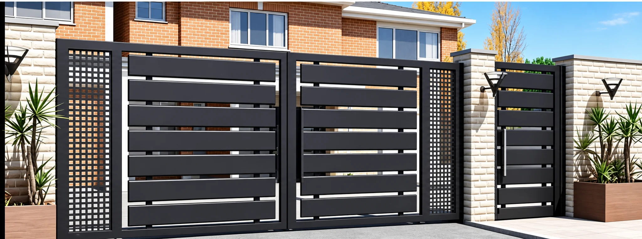 Home 61 Black aluminium driveway gate with horizontal slats, square lattice side panels and a matching pedestrian gate.