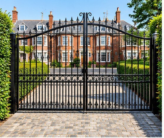 Home 29 Black arched metal driveway gates with vertical bars, circular rail detailing and spear finials.