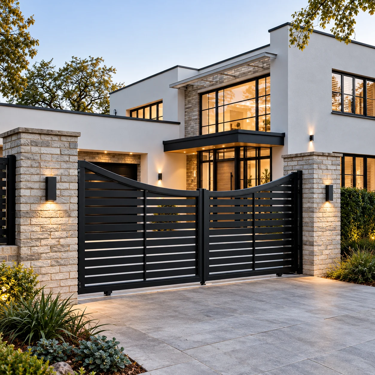 Home 70 Black aluminium driveway gates with curved tops and horizontal slats between light stone pillars.
