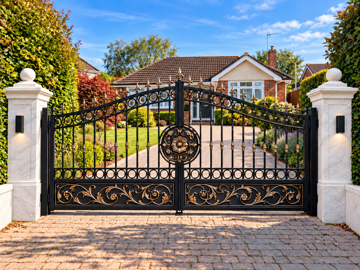Black arched metal driveway gates with gold decorative scrollwork and finials between light stone pillars.