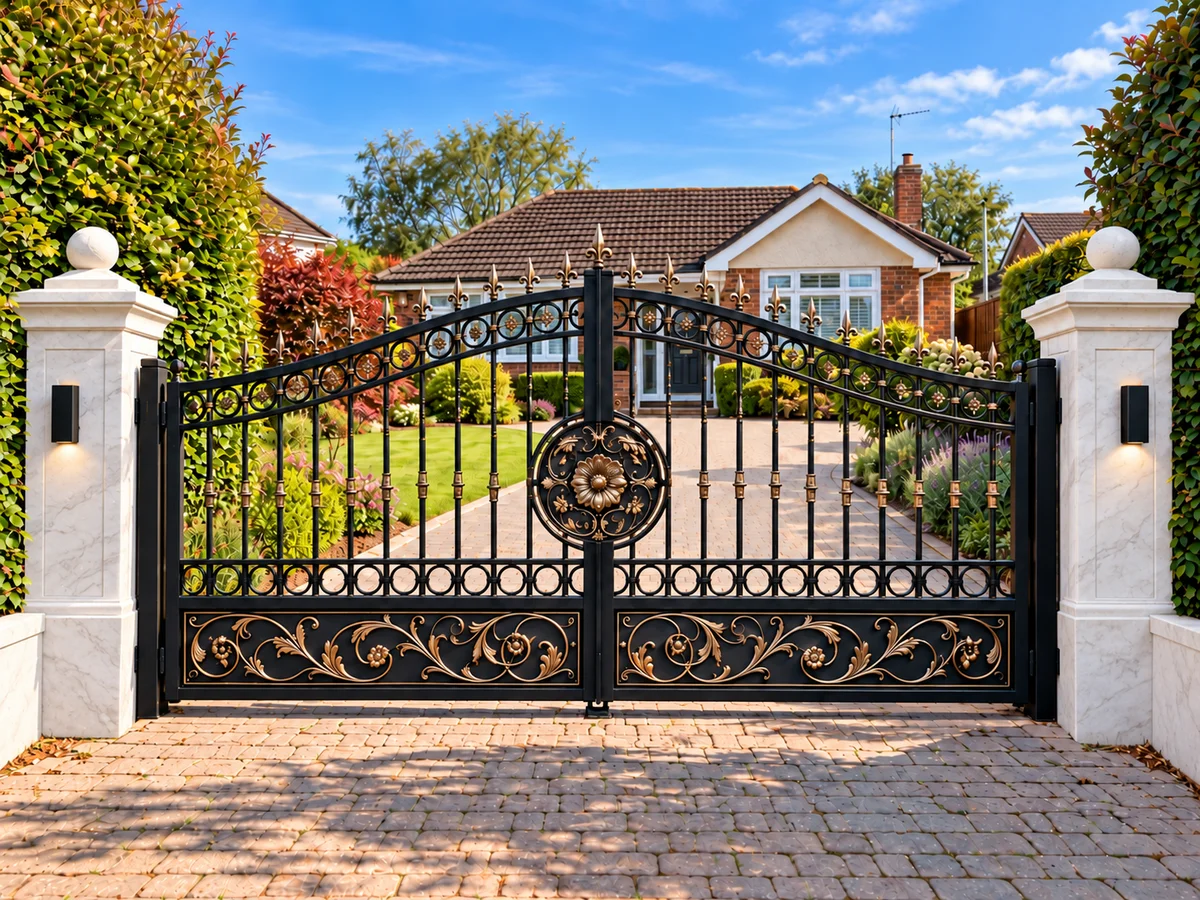 Home 14 Black arched metal driveway gates with gold decorative scrollwork and finials between light stone pillars.