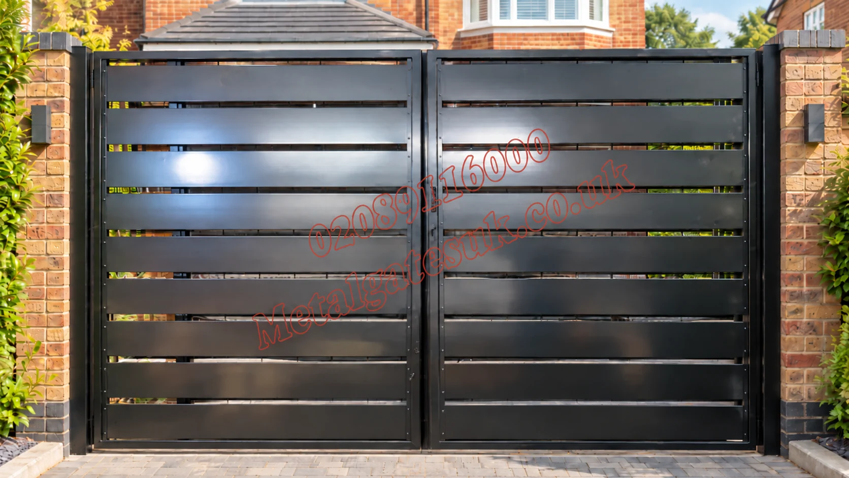 Home 60 Black horizontal slat aluminium double driveway gates between brick pillars.
