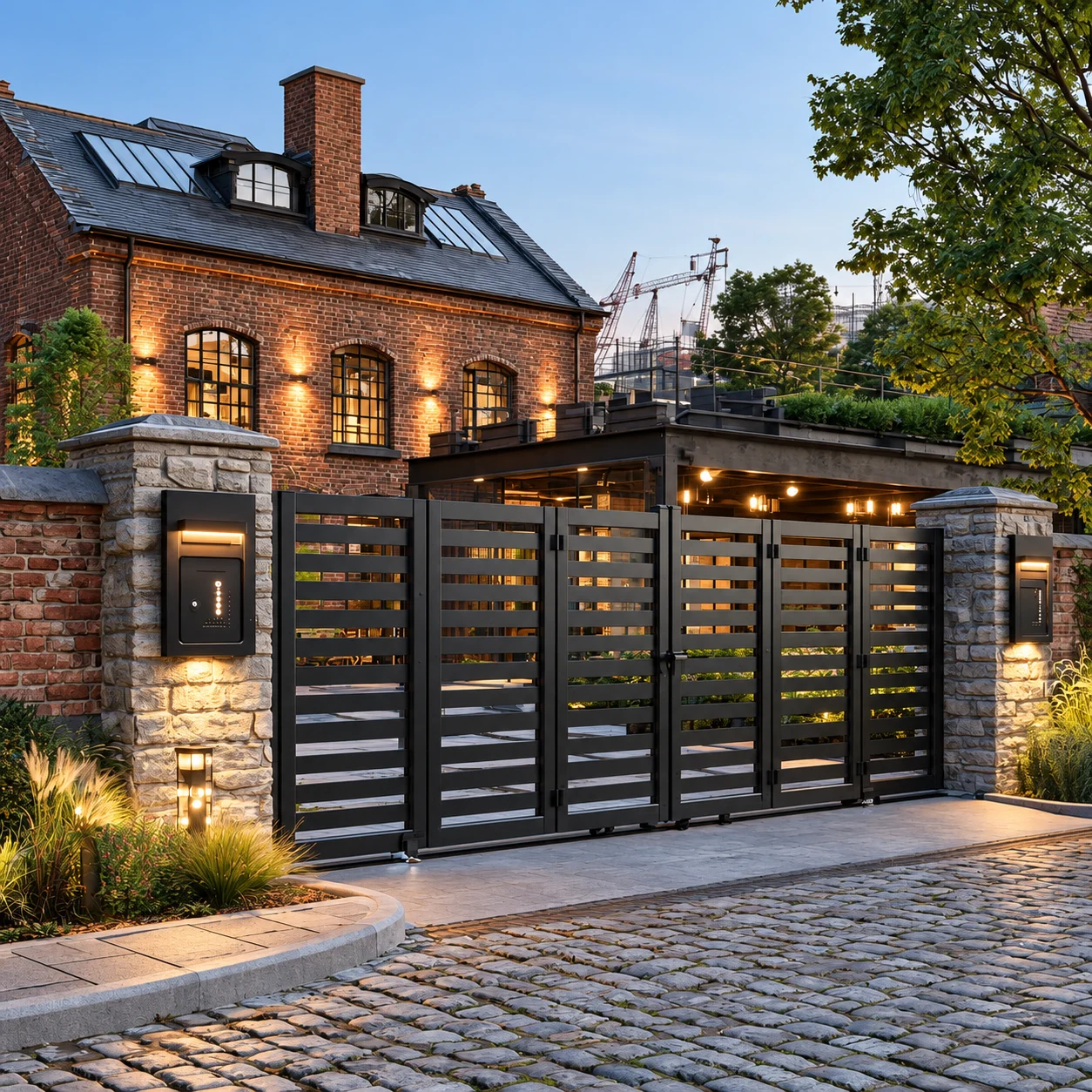 Home 66 Black aluminium multi-panel driveway gates with horizontal slats between illuminated stone pillars.