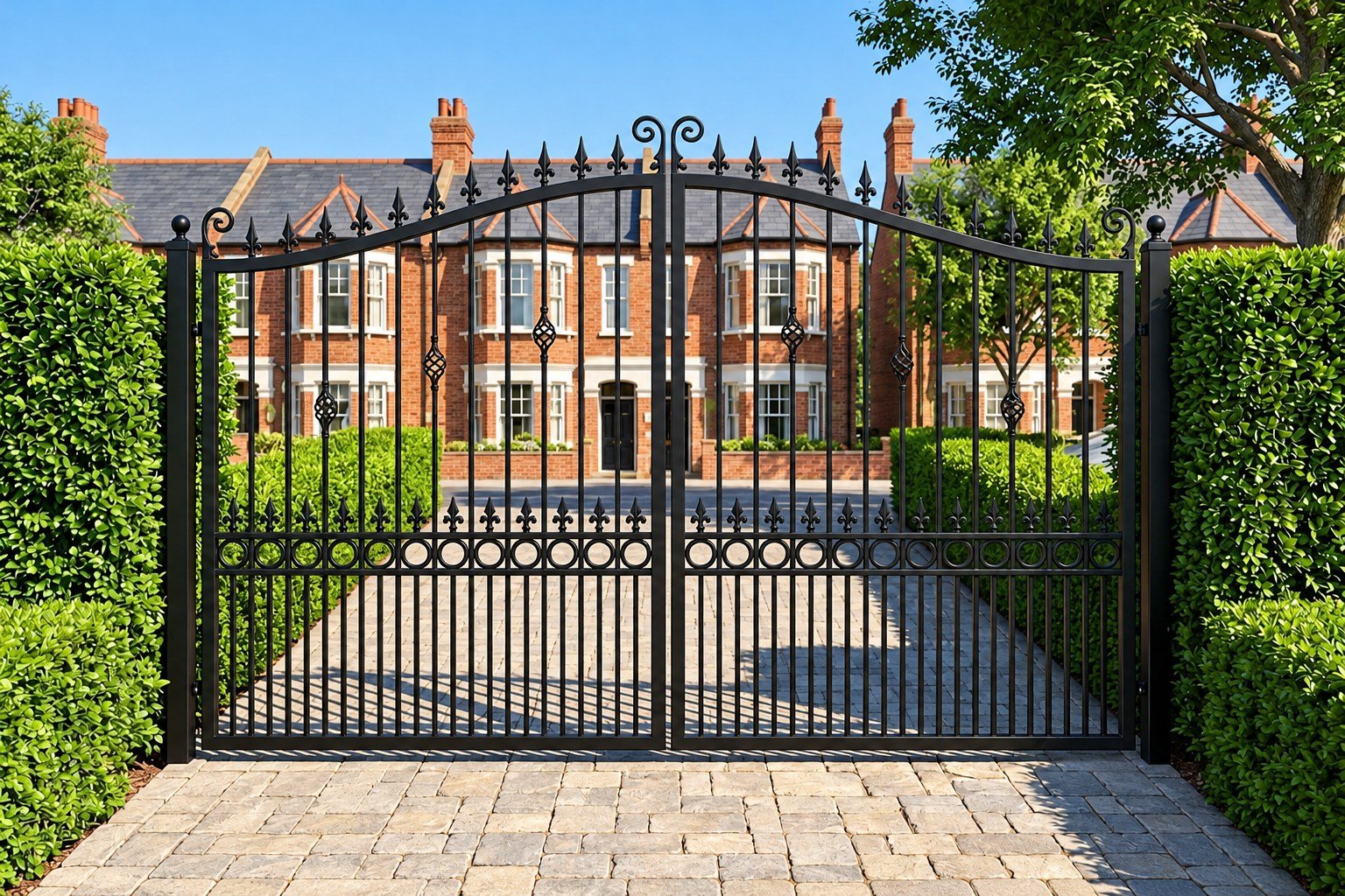 Home 30 Black metal driveway gates with an arched top, basket detailing, circular rails and spear finials.