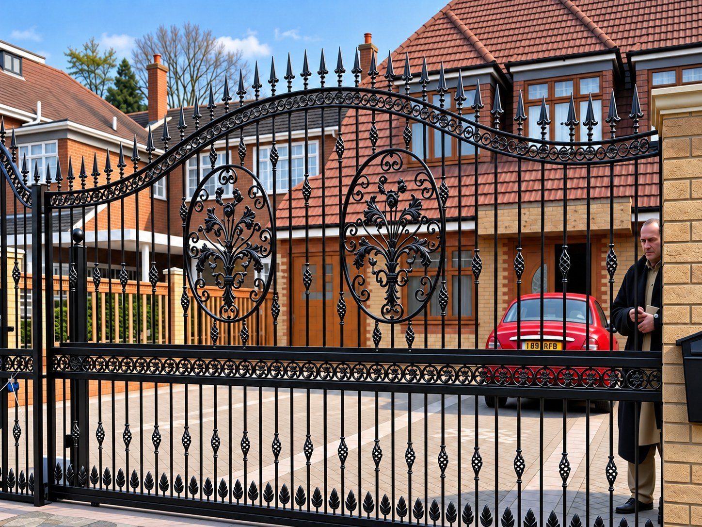 Home 24 Black ornate metal driveway gates with oval floral medallions, decorative bars and spear finials.
