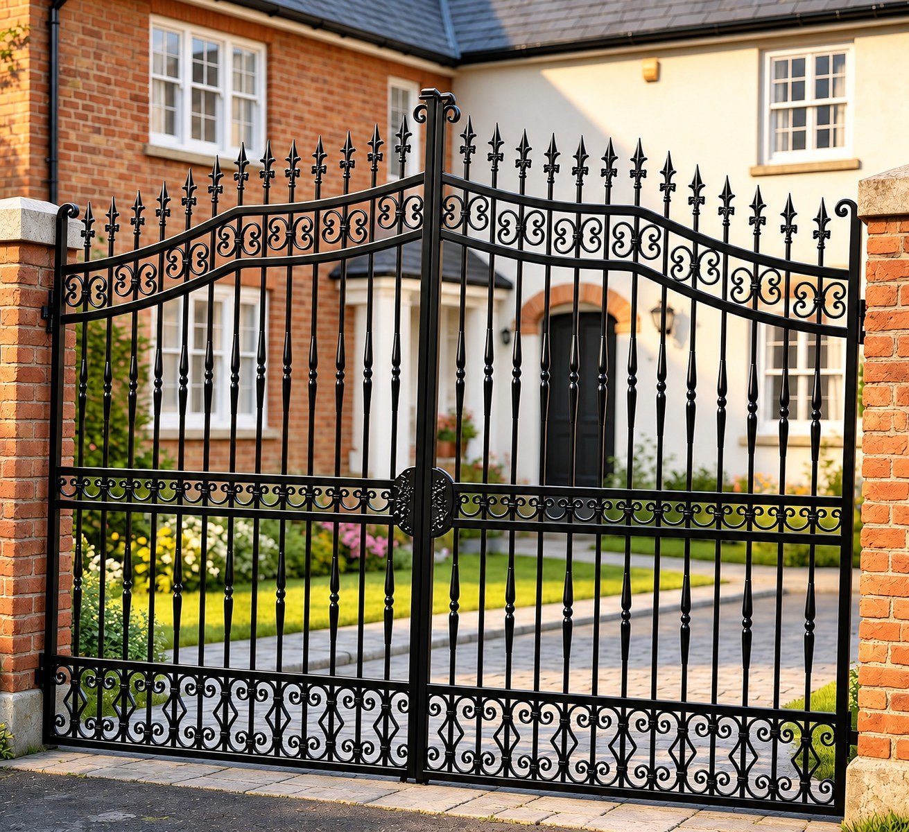 Home 20 Black ornate metal driveway gates with scrollwork, spear finials and diamond detailing between brick pillars.