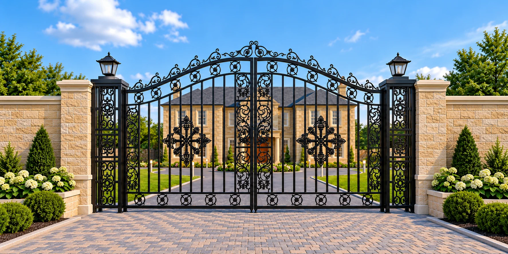 Home 5 Black ornamental driveway gates between stone pillars.