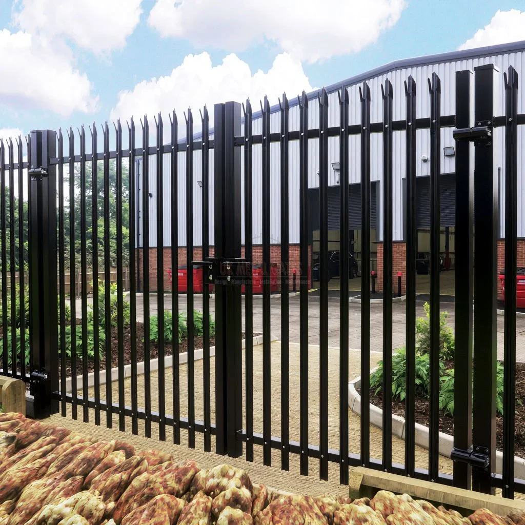 Home 81 Angled view of black palisade double gates with visible post hinges and a centre latch.