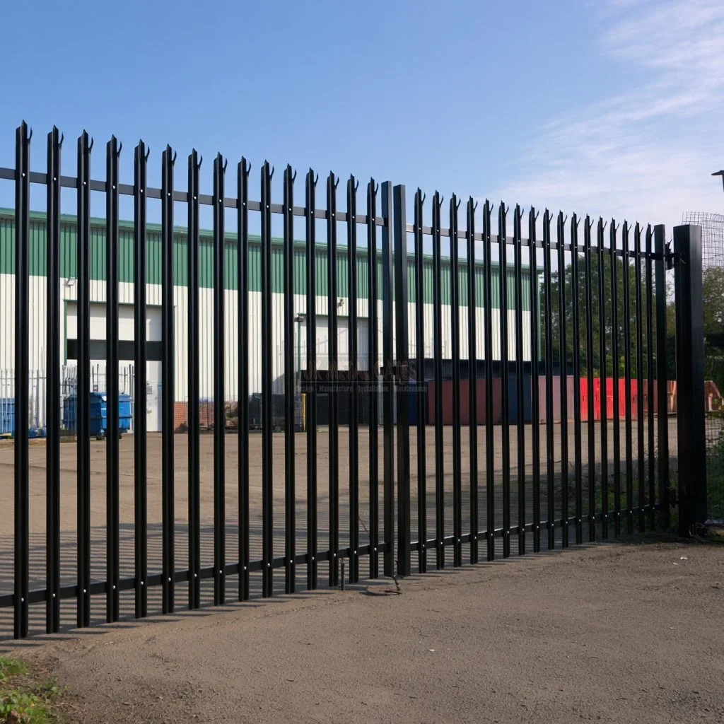 Home 76 Black palisade double gates viewed at an angle in an industrial yard.