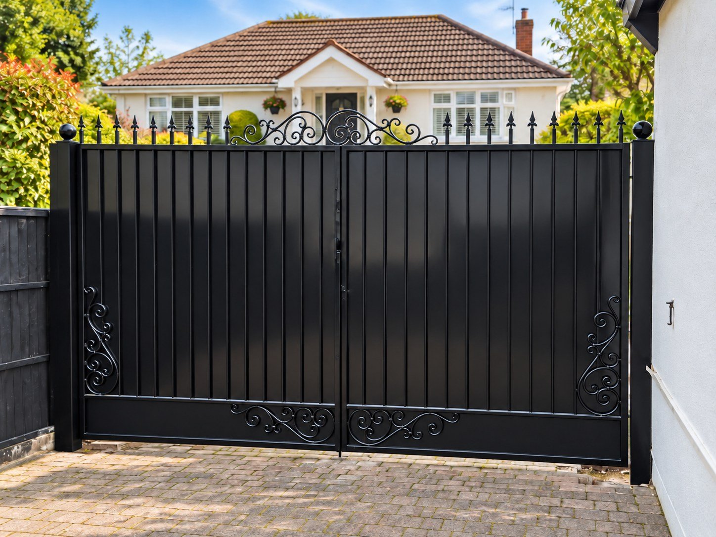 Home 16 Black panelled metal driveway gates with scrollwork and spear finials.