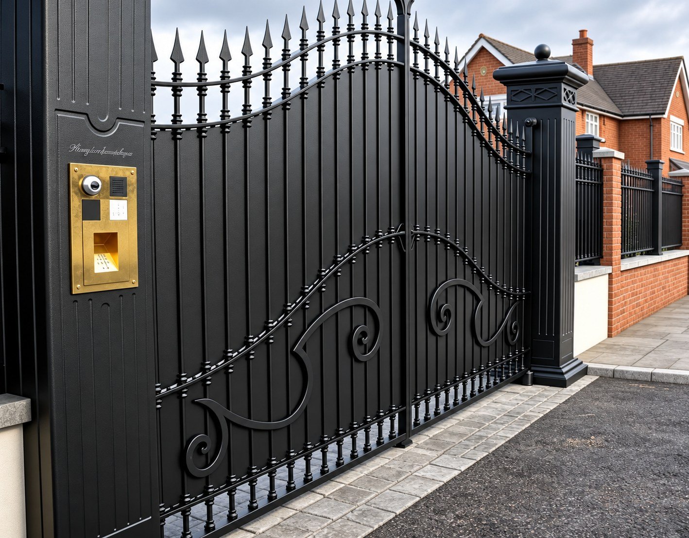 Home 22 Black panelled metal gates with arched rails, scrollwork and spear finials beside a dark post.