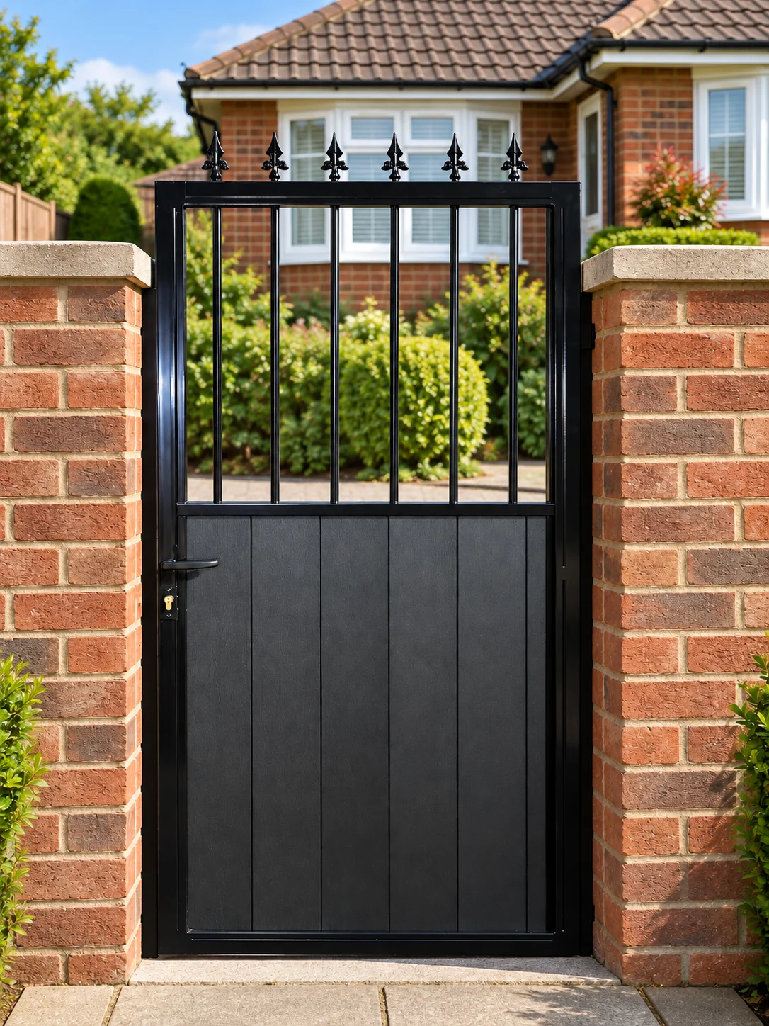 Home 53 Black pedestrian gate with open vertical bars, grey lower infill and spear finials between brick pillars.