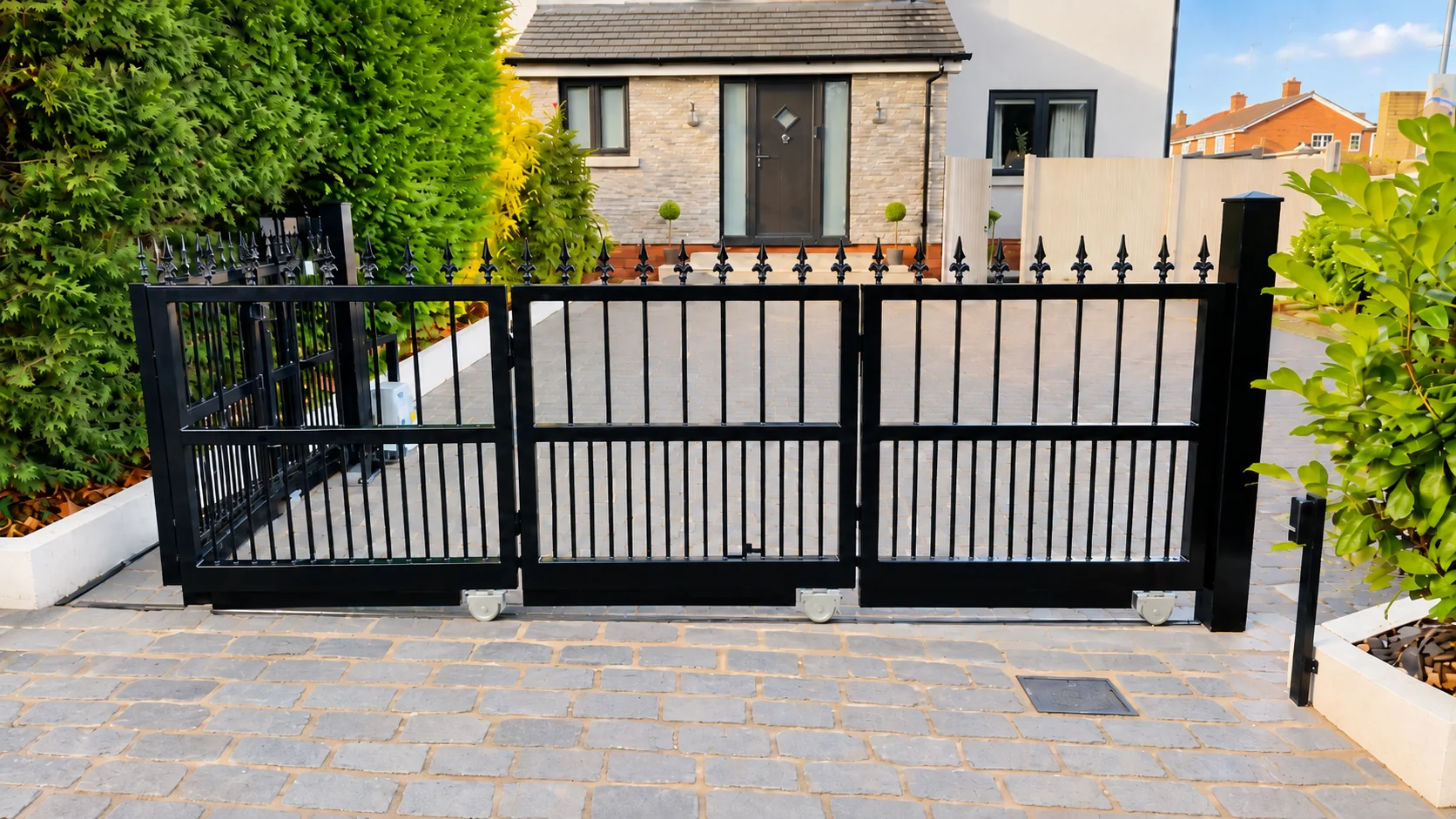 Home 95 Black segmented gate with vertical bars, spear finials and white rollers between black posts.