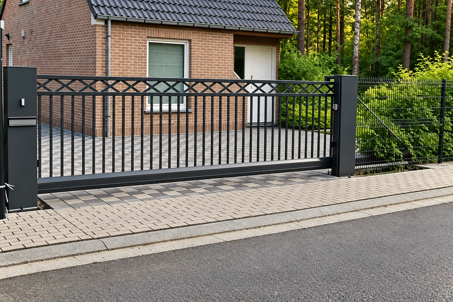 Home 96 Black sliding gate with vertical bars and a cross-pattern top rail between square black posts.
