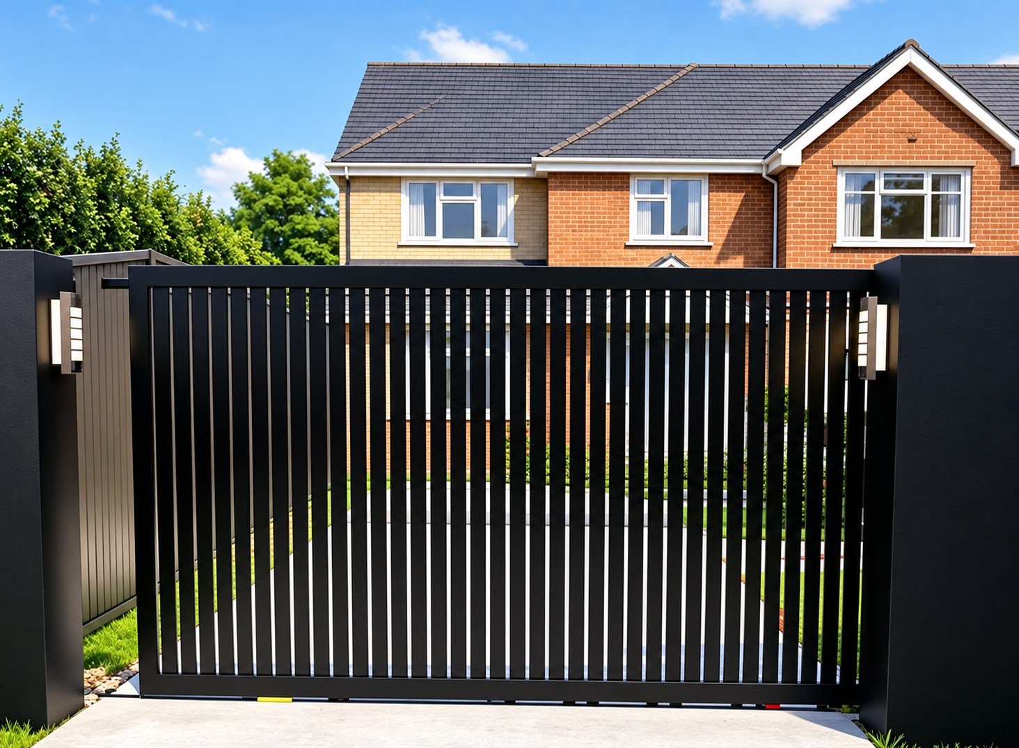 Home 21 Black straight-top metal driveway gate with closely spaced vertical bars.
