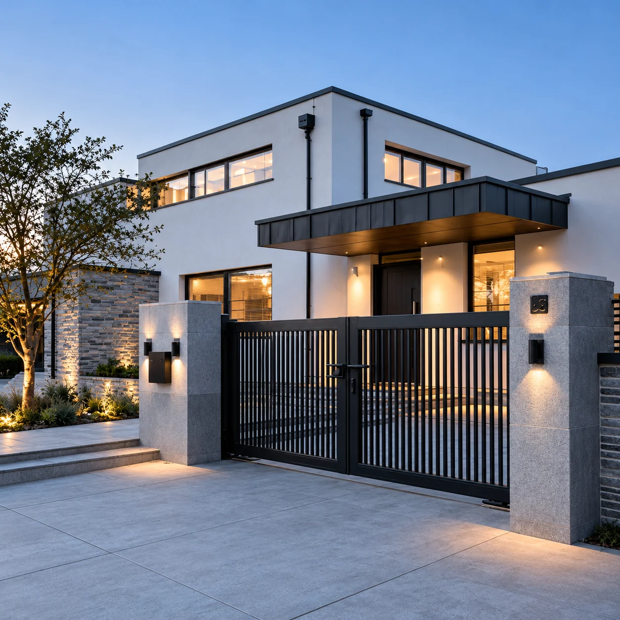 Home 58 Black aluminium driveway gates with straight tops and vertical bars between grey pillars.
