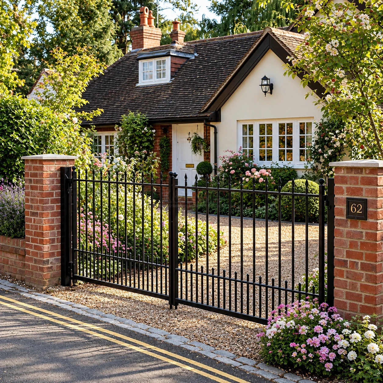 Home 69 Black aluminium entrance gates with vertical bars and decorative finials between brick pillars.