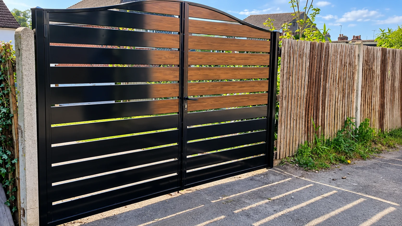 Home 65 Arched aluminium driveway gates with black and brown wood-effect horizontal slats beside timber fencing.