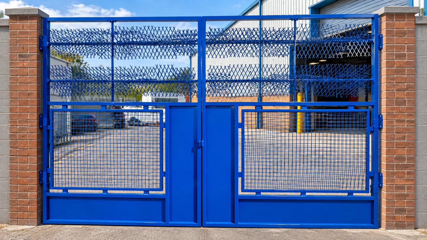 Home 86 Blue mesh double gates with solid lower panels between brick pillars at an industrial entrance.