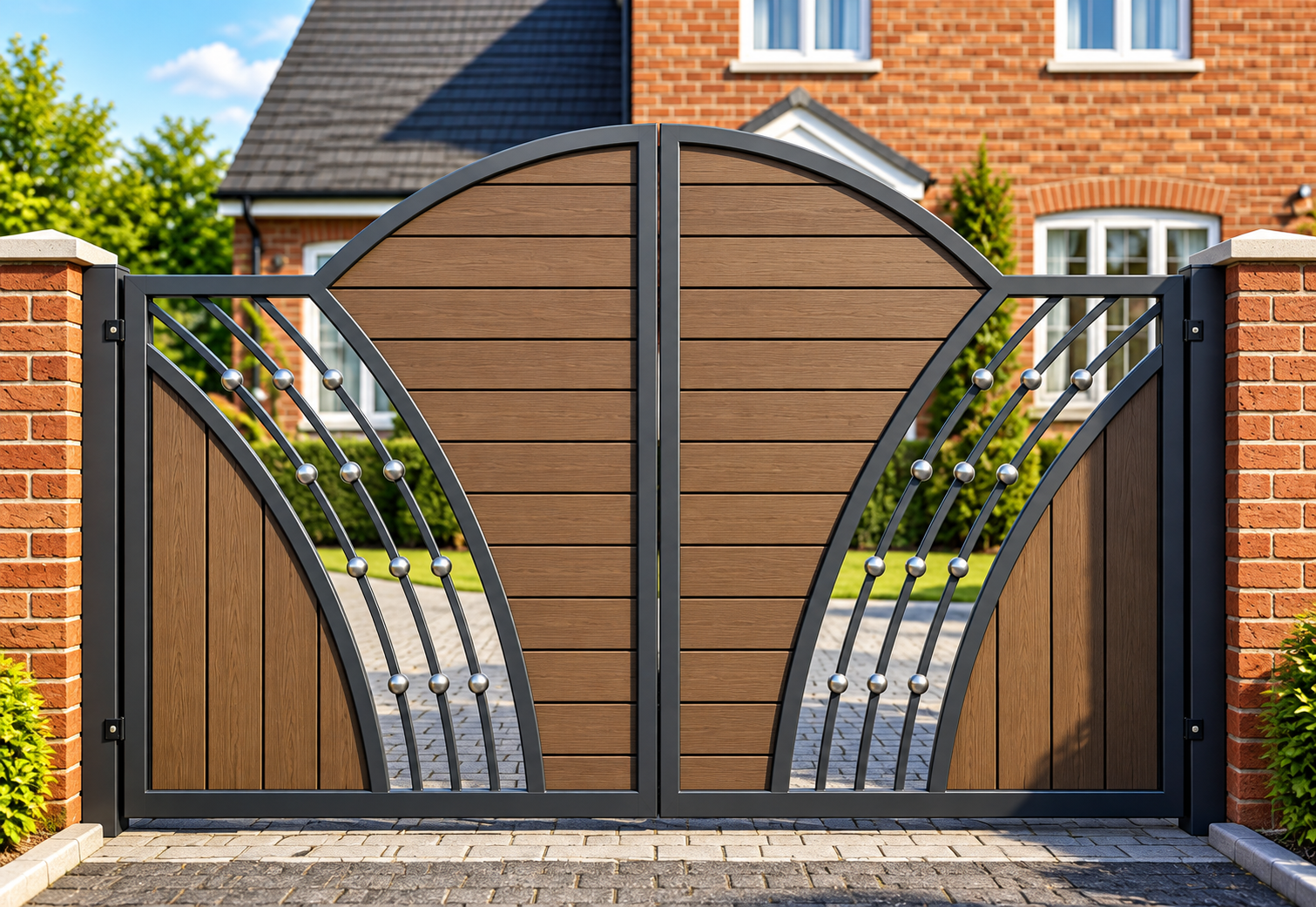 Brown wood-effect composite driveway gates with arched black frames, curved metal detailing and silver decorative spheres between brick pillars.