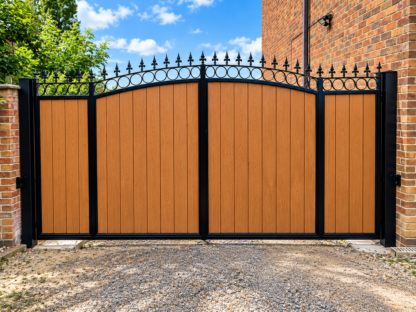 Brown wood-effect composite driveway gate with a black metal frame and spear finials.