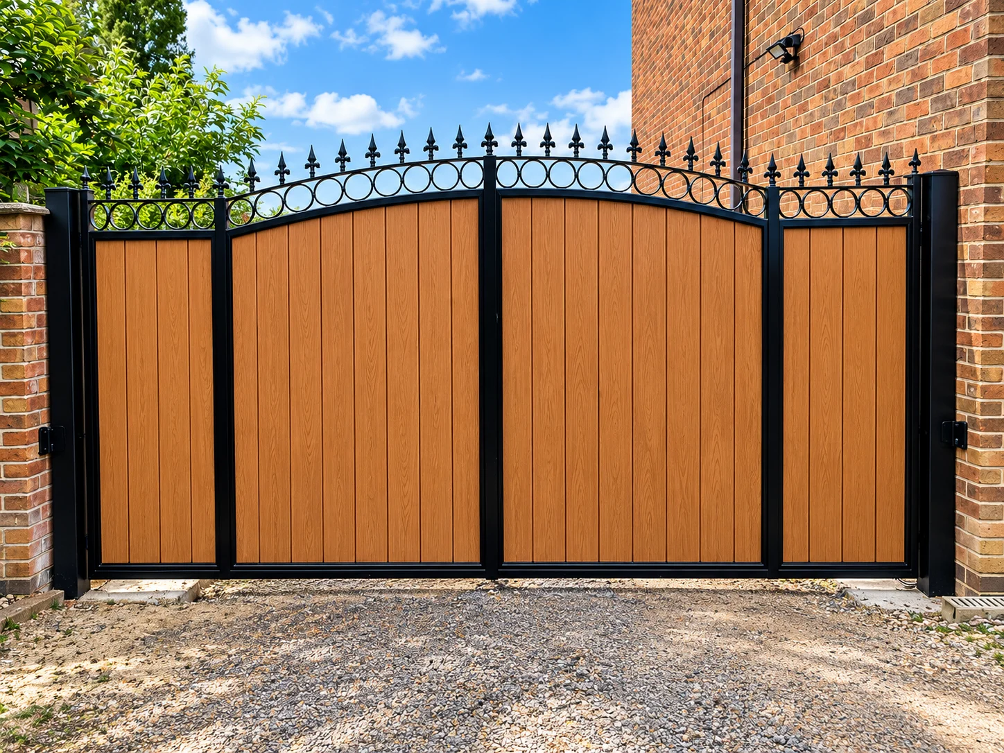 Home 42 Brown wood-effect composite driveway gate with a black metal frame and spear finials.