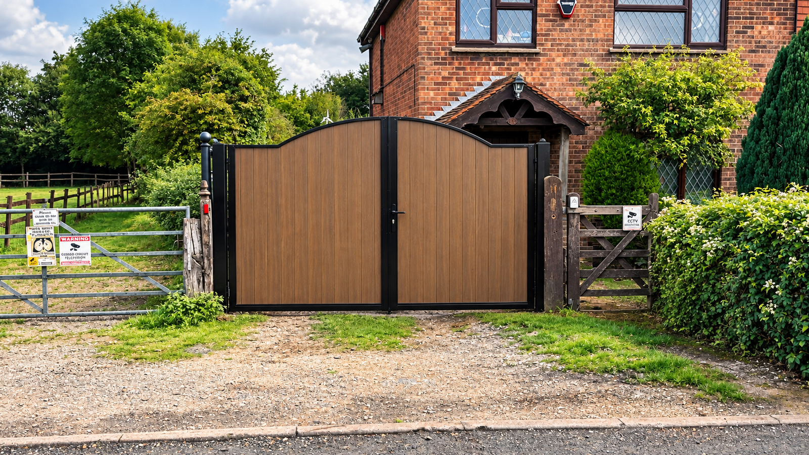 Brown wood-effect driveway gate with a black metal frame at a brick home.