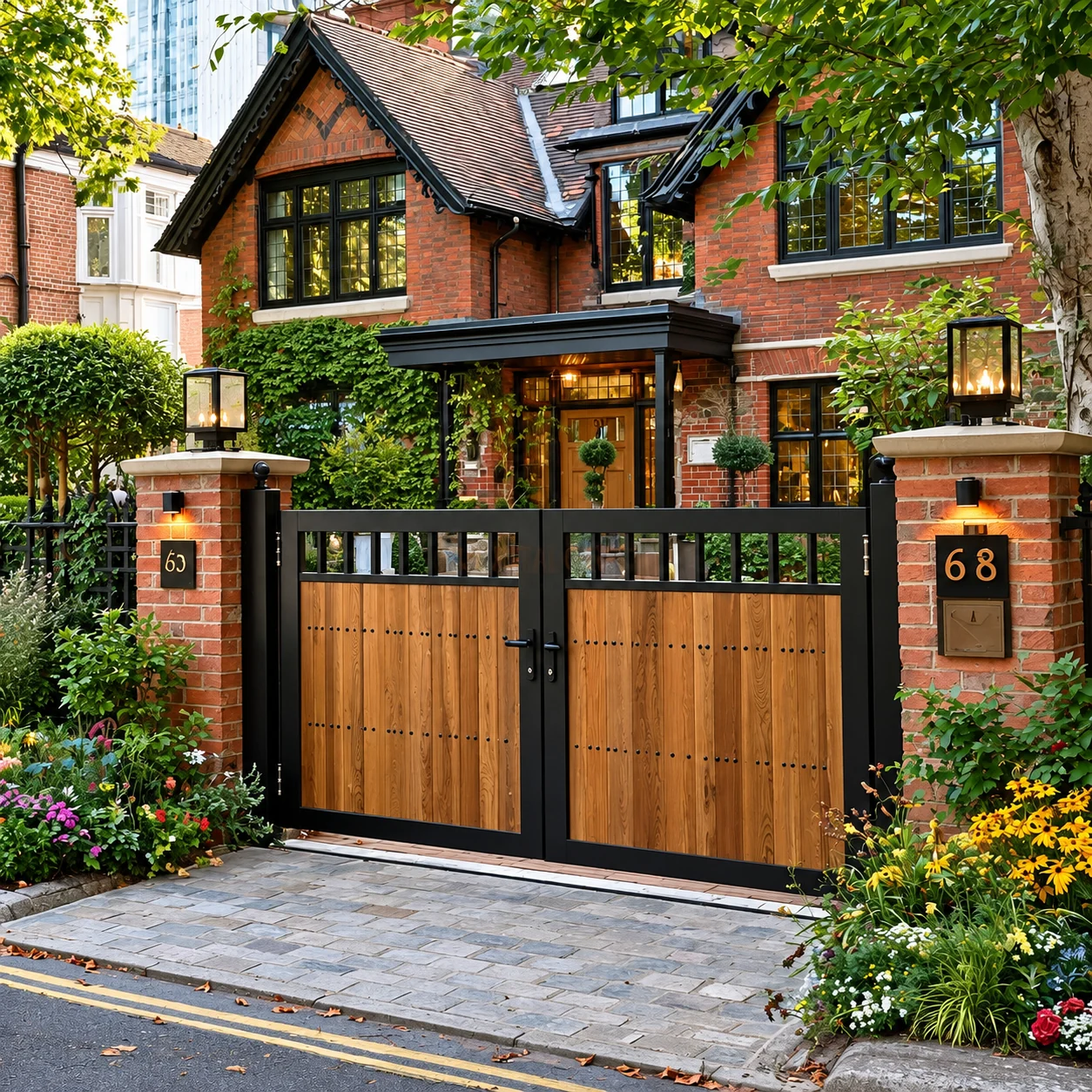Home 56 Brown wood-effect double driveway gates with black frames and open upper bars between brick pillars.