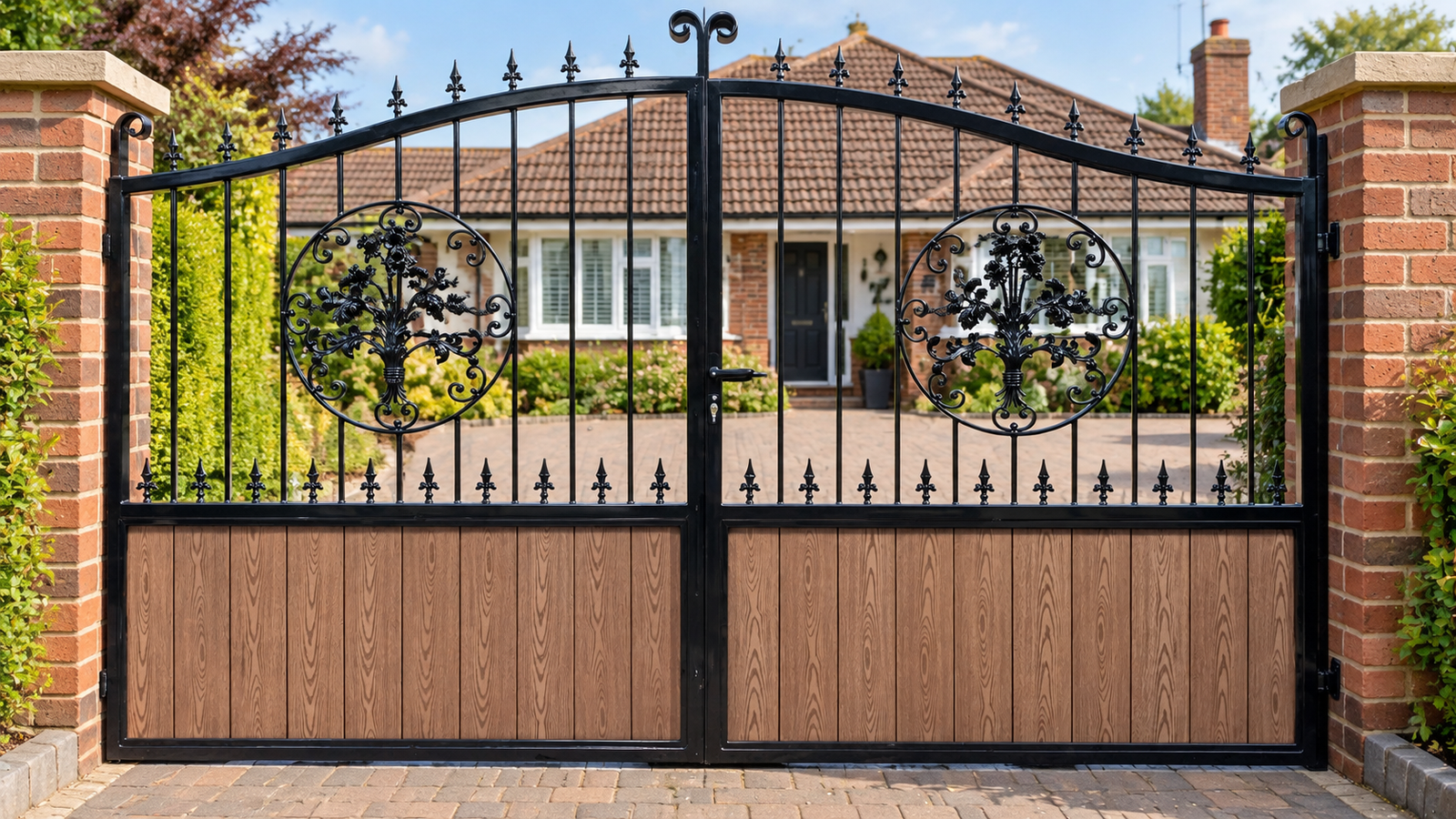 Black driveway gates with brown wood-effect lower panels, open vertical bars and floral medallions.