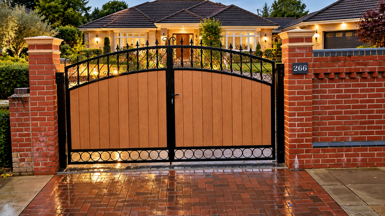 Brown wood-effect driveway gates with black scrollwork, spear finials and circular lower detailing.