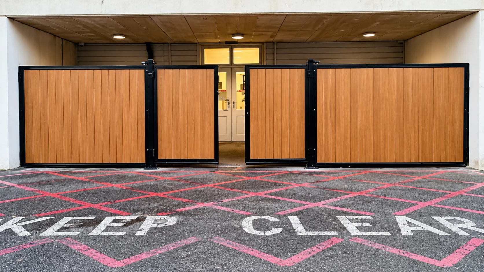Home 38 Brown wood-effect multi-panel gates with black metal frames.