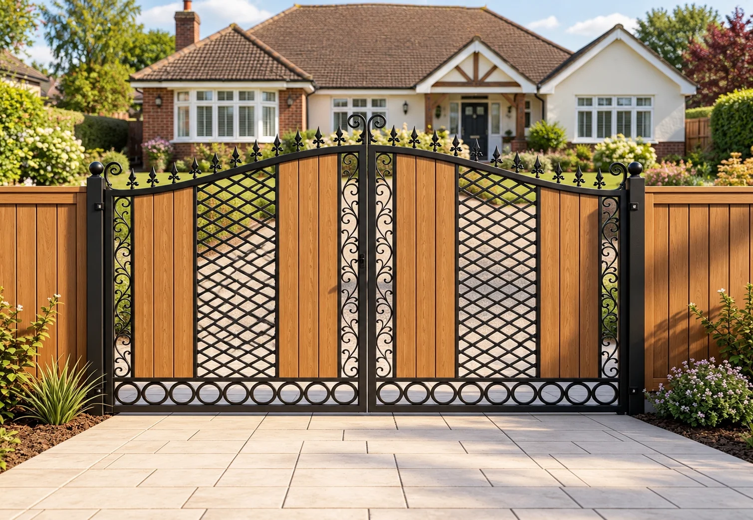 Home 39 Composite wood driveway gates with black metal detailing and lattice panels.
